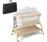 COSTWAY 4 en 1 Lit bébé avec moustiquaire, Berceau & Lit d'appoint & Poussette & Lit de voyage avec matelas, 6 hauteurs réglables, Sac de transport, Lit mobile pliable pour bébé jusqu'à 6 mois (Beige)