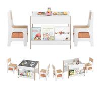 COSTWAY 4 en 1 Table Enfant avec 2 Chaises & Plateaux Réversibles | Bibliothèques & 2 Bacs en Tissu, Table d’Activité Montessori pour Dessin Lecture Jeux de 3-6 Ans (Naturel)