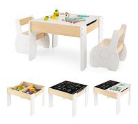 COSTWAY 4 en 1 Table Enfants avec 2 Chaises en Forme d'Eléphant, Table et Chaises en Bois avec Tableau Amovible, Espace de Rangement, Bureau pour Dessiner Jouer, Charge 30kg pour 3-6 Ans (Blanc)