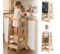 COSTWAY 4 en 1 Tour d'Apprentissage Enfant en Bois, Hauteurs Réglables | Charge 75 kg, Tour d'Observation Montessori, Jeux Sensoriels Intégrés, Barre Anti-chute, Poignées, pour Garçons Filles 3+ Ans