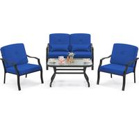 COSTWAY 4 PCS. Set de meubles de jardin, ensemble de sièges avec coussins d'assise, de dossier & de taille pour 4 personnes, y compris 2 chaises, banc & table