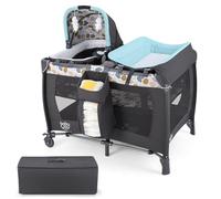 COSTWAY 5 en 1 Lit Parapluie Bébé avec Matelas & Table à Langer, Lit Bébé Evolutif avec Boîte à Musique & Jouets Suspendus, Sac de Transport & Roues Verrouillables, Berceau pour 0-36 Mois (Bleu)