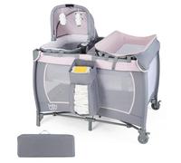 COSTWAY 5 en 1 Lit Parapluie Bébé avec Matelas & Table à Langer, Lit Bébé Evolutif avec Boîte à Musique & Jouets Suspendus, Sac de Transport & Roues Verrouillables, Berceau pour 0-36 Mois (Gris)