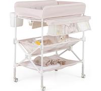 COSTWAY 5 en 1 Table à langer, Table à langer avec panier latéral, étagères & poubelle, Baby Changing Table avec roulettes pour nouveau-nés, Beige