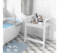 COSTWAY 58x52x61,5 cm Tabouret de douche étanche HDPE, Banc de salle de bain Tabouret de salle de bain avec tablette & doubles poignées, Banc de douche jusqu'à 150 kg, Blanc