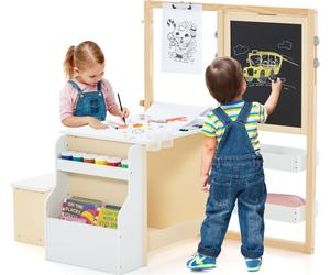 COSTWAY 6 in 1 Set de chevalet pour enfants, tableau noir en bois avec tableau à craies double face & tableau blanc & rouleau de papier, tableau pour enfants réglable en hauteur avec banc, étagères po