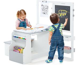 COSTWAY 6 in 1 Set de chevalet pour enfants, tableau noir en bois avec tableau à craies double face & tableau blanc & rouleau de papier, tableau pour enfants réglable en hauteur avec banc, étagères po