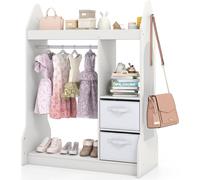 COSTWAY 81x38x107 cm Porte-manteau pour enfants avec miroir, armoire pour enfants avec tringle, 2 tiroirs en tissu & crochets, porte-manteau pour enfants en bois, blanc