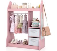 COSTWAY 81x38x107 cm Portemanteau enfant avec miroir, armoire enfant avec tringle, 2 tiroirs en tissu & crochets, portemanteau enfant en bois,Rose