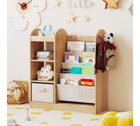COSTWAY 87,5x30x90 cm Bibliothèque pour enfants, étagère pour enfants avec miroir, 4 couches d'étagères, tiroirs en tissu&3 crochets, porte-revues, bibliothèque pour enfants nature