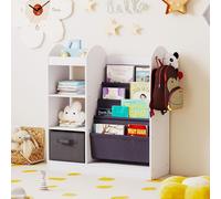 COSTWAY 87,5x30x90 cm Bibliothèque pour enfants, étagère pour enfants avec miroir, 4 couches d'étagères, tiroirs en tissu&3 crochets, porte-revues, étagère à livres pour enfants blanche