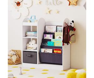 COSTWAY 87,5x30x90 cm Bibliothèque pour enfants, étagère pour enfants avec miroir, 4 couches d'étagères, tiroirs en tissu&3 crochets, porte-revues, étagère à livres pour enfants blanche