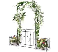 COSTWAY Arche de Jardin de 220 cm avec 2 Bacs Jardinière et Treillis, Pergola Extérieur pour Plantes Grimpantes avec Tubes Métalliques Portail Verrouillable, Décoration pour Mariage Fête