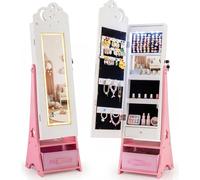 COSTWAY Armoire à bijoux 2 en 1 pour enfants avec éclairage, armoire de toilette avec miroir intégral, miroir intérieur, 4 lampes LED & 2 tiroirs, rose