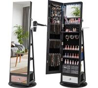 COSTWAY Armoire à bijoux 360°, armoire à glace avec miroir intégral, lampes LED, tiroir & support pour sèche-cheveux, étagère à bijoux, miroir sur pied, noir