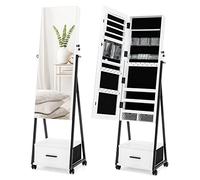 COSTWAY Armoire à Bijoux à Roulettes avec Miroir de Pleine Longueur, Miroir sur Pied avec 9 Compartiments, Porte Verrouillable, Grand Tiroir, Étagère, 42 x 38 x 157 cm (Blanc)