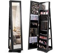 COSTWAY Armoire à bijoux, armoire à glace avec miroir intégral & miroir de maquillage intégré, pivotant à 360°, verrouillable, organiseur à bijoux Noir