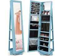 COSTWAY Armoire à bijoux, armoire à glace avec miroir intégral & miroir de maquillage intégré, pivotant à 360°, verrouillable, organiseur à bijoux bleu