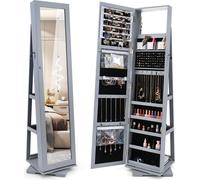 COSTWAY Armoire à bijoux, armoire à glace avec miroir intégral & miroir de maquillage intégré, pivotant à 360°, verrouillable, organiseur à bijoux Gris