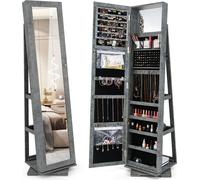 COSTWAY Armoire à bijoux, armoire à glace avec miroir intégral & miroir de maquillage intégré, pivotant à 360°, verrouillable, organiseur à bijoux gris vintage
