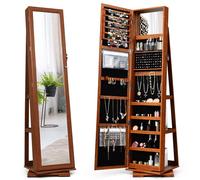 COSTWAY Armoire à bijoux, armoire à glace avec miroir intégral & miroir de maquillage intégré, pivotant à 360°, verrouillable, organiseur à bijoux Marron clair