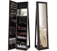 COSTWAY Armoire à bijoux, armoire à glace avec miroir intégral & miroir de maquillage intégré, verrouillable, à poser, rangement de bijoux Café foncé