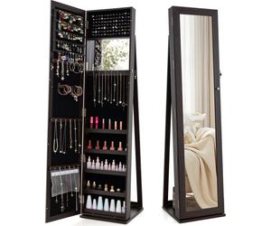 COSTWAY Armoire à bijoux, armoire à glace avec miroir intégral & miroir de maquillage intégré, verrouillable, à poser, rangement de bijoux Café foncé