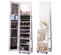 COSTWAY Armoire à bijoux, armoire à glace avec roulettes, lampes LED & étagères, miroir sur pied, étagère à bijoux, miroir corps entier, violet