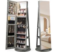 COSTWAY Armoire à bijoux, armoire à glace pivotante à 360° avec LED, miroir intégral, organisateur de bijoux verrouillable, rangement de bijoux, vert