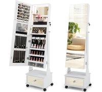 COSTWAY Armoire à bijoux avec 3 miroirs, miroir à bijoux réglable avec tiroir & roulettes & lampes, verrouillable 42x35x159cm (Blanc)