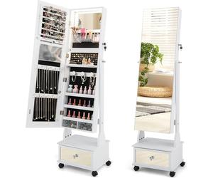 COSTWAY Armoire à bijoux avec 3 miroirs, miroir à bijoux réglable avec tiroir & roulettes & lampes, verrouillable 42x35x159cm (Blanc)
