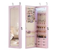 COSTWAY Armoire à bijoux avec éclairage LED, 6 tiroirs & miroir, armoire à niveau suspendue, armoire suspendue pour porte et montage mural, verrouillable Rose