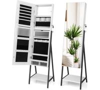 COSTWAY Armoire à bijoux avec miroir, armoire à bijoux avec éclairage LED 3 couleurs, verrouillable, étagère supplémentaire, 41,5 x 37 x 157 cm (blanc)