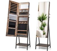 COSTWAY Armoire à bijoux avec miroir, armoire à bijoux avec éclairage LED 3 couleurs, verrouillable, étagère supplémentaire, 41,5 x 37 x 157 cm (brun rustique)