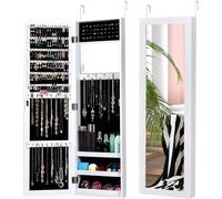 COSTWAY Armoire à bijoux avec miroir intégral et miroir de maquillage intégré, armoire à bijoux pour bagues, crochets de chaînes et boucles d'oreilles, 2 possibilités de montage, blanc
