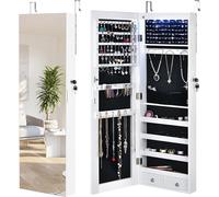 COSTWAY Armoire à bijoux miroir avec 6 lampes LED & 2 tiroirs , armoire à bijoux suspendue verrouillable, armoire à niveau montage mural / porte (blanc)