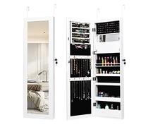 COSTWAY Armoire à Bijoux Murale avec Miroir 12 LED, Meuble de Rangement Verrouillable Pleine Longueur, Organisateur de Bijoux avec Étagères de Rangement, Style Scandinave, Blanc