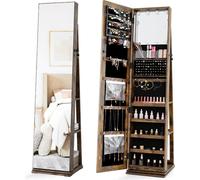 COSTWAY Armoire à bijoux pivotante à 360°, armoire à glace avec lampes LED & miroir de maquillage, miroir sur pied, miroir intégral pour colliers, boucles d'oreilles, marron