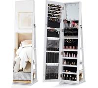COSTWAY Armoire à bijoux pivotante à 360°, armoire à glace avec lampes LED & miroir de maquillage, miroir sur pied, miroir intégral pour colliers, boucles d'oreilles, blanc