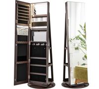 COSTWAY Armoire à bijoux pivotante à 360°, armoire à glace verrouillable avec lampes LED tricolores, organiseur à bijoux sur pied Marron foncé