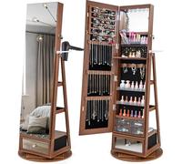 COSTWAY Armoire à bijoux pivotante à 360° avec miroir intégral, lampes LED verrouillables, miroir sur pied pour bijoux (brun)