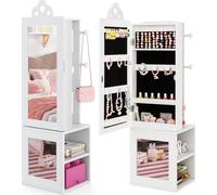 COSTWAY Armoire à bijoux pour enfants 3 en 1, armoire à glace avec miroir intégral, portemanteau, crochets & étagères, pour enfants à partir de 3 ans Blanc