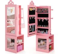 COSTWAY Armoire à bijoux pour enfants 3 en 1, armoire à glace avec miroir intégral, portemanteau, crochets & étagères, pour enfants à partir de 3 ans Rose