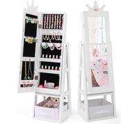 COSTWAY Armoire à bijoux pour enfants 3 en 1, armoire à glace inclinable avec miroir intégral & panier de rangement, en forme de couronne pour enfants à partir de 3 ans Blanc