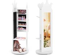 COSTWAY Armoire à bijoux pour enfants 4 en 1, armoire à glace pivotant à 360° avec miroir intégral, portemanteau, crochets & étagère, pour fillettes à partir de 3 ans Blanc