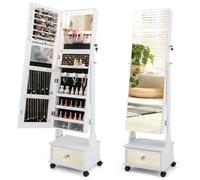COSTWAY Armoire à Bijoux sur Pied - 4 Roues Verrouillables, Miroir Pleine Longueur, Lumières LED, Tiroir, Serrure et lanc