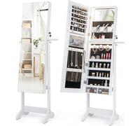 COSTWAY Armoire à bijoux sur pied, miroir sur pied avec lampes LED 3 couleurs, rangement pour bijoux verrouillable avec étagère à bijoux, étagères