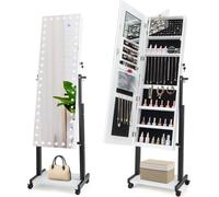 COSTWAY Armoire à bijoux sur pied verrouillable 3 couleurs miroir corps entier LED réglable blanc