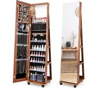 COSTWAY Armoire à bijoux sur roulettes, armoire à glace verrouillable avec lampes LED & étagères réglables, miroir sur pied étagère à bijoux miroir corporel complet pour colliers, boucles d'oreilles, 
