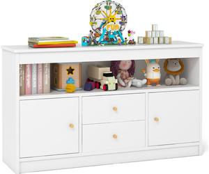COSTWAY Armoire à jouets pour enfants, Armoire en bois pour enfants avec 2 tiroirs & 2 portes, Organiseur de jouets Armoire de rangement 106x30x62cm Blanc